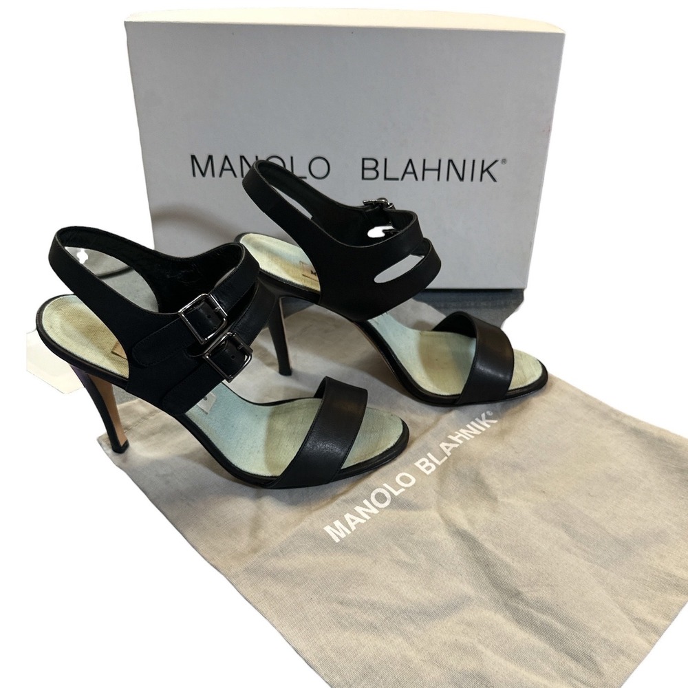 Manolo Blahnik Bakhita Black Calf Leather Double Buckle Stiletto Sandals 37